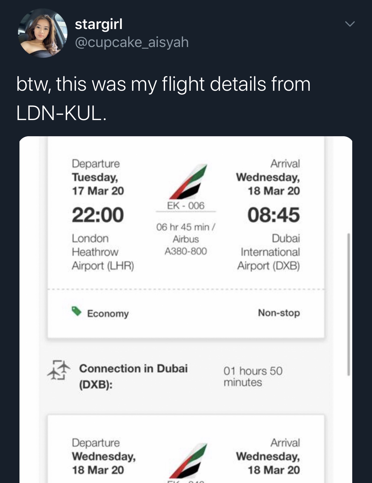 Abang Cupcake Aisyah Positif Covid-19, Penumpang Pesawat Emirates Dari London Diminta Periksa Kesihatan