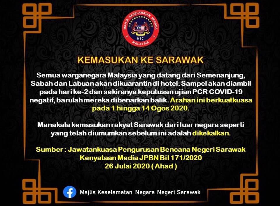 Sarawak Wajibkan Kuarantin Hotel Bagi Individu Yang Berkunjung Ke Negeri Kenyalang Mulai 1 Ogos