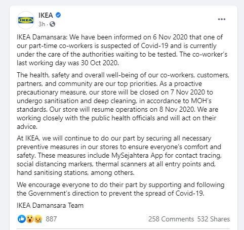 Pekerja Sambilan IKEA Damansara Disyaki Positif COVID-19, Premis Ditutup Mulai 7 November